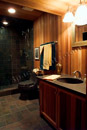 The materials used in this finished basement bathroom in Plymouth Meeting, PA create an organic feel.